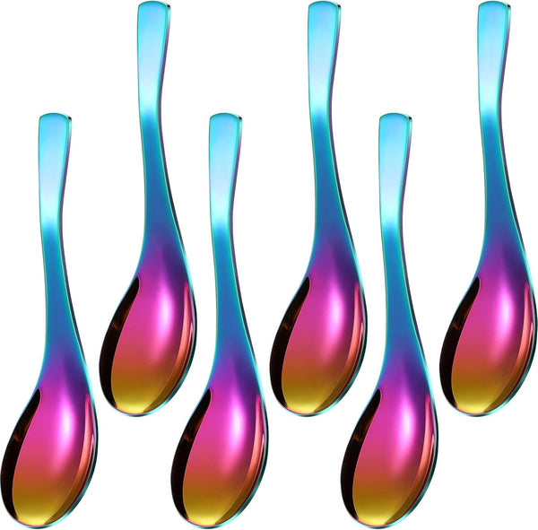 6 Pieces Rainbow Stainless Steel Soup Spoons, Colorful Mirror Finish for Kitchen Serving