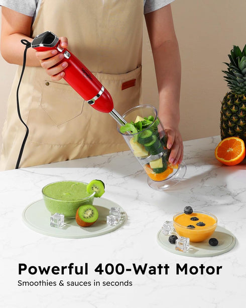 Sangcon Immersion Blender Handheld, 3-in-1 Hand Blender Electric, 400W Handheld Blender, Stainless Steel Blade Stick Blender with Whisk, Milk Frother Attachments - Red by sangcon
