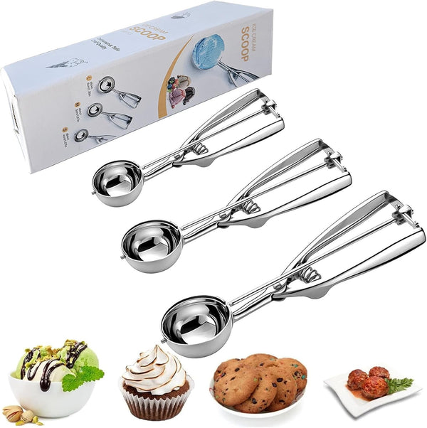 Ice Cream Scoop, 3Pcs Cookie Scoop Set, Stainless Steel with Trigger Release for Baking, Set of 3