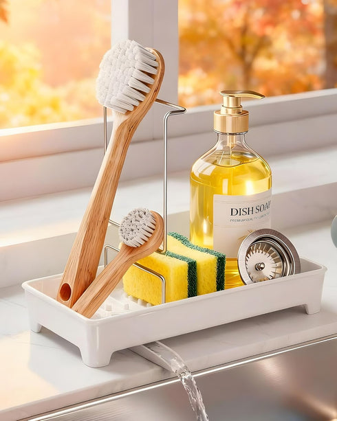Caumic Plastic Sink Caddy, Rustproof Sponge Holder for Kitchen Sink with 304 Stainless-Steel