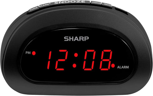 Sharp Small Digital Alarm Clock, Space-Saving Bedside Clock with Large Red LED Display, Battery Backup