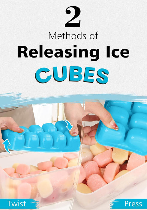DOQAUS Ice Cube Tray with Lid and Bin, 4 Pack Easy Ice Pop Out Silicone Ice Cube Trays for Freezer, Stackable Storage