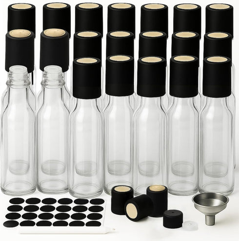 WERTIOO Hot Sauce Bottles 21-Pack, 5oz Round Small Glass Bottles with Caps & Funnel, Reusable Mini Sauce Containers for