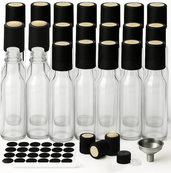 WERTIOO Hot Sauce Bottles 21-Pack, 5oz Round Small Glass Bottles with Caps & Funnel, Reusable Mini Sauce Containers for