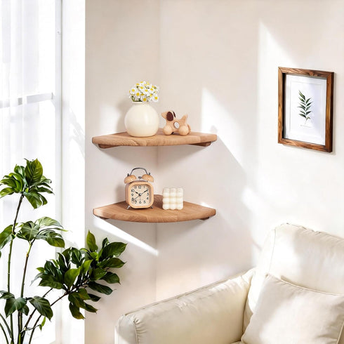 Set 2 9inch Gieanoo Floating Corner Shelves for Wall Solid Oak Rounded Corner Shelves Wall Mounted with Cable Hole Wood