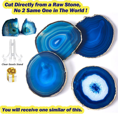 Yougoals Blue Agate Coasters 4"-3.5", Brazilian Geode Coasters with Gold Rim, Natural Gem Stone Cup Mat (1PK)