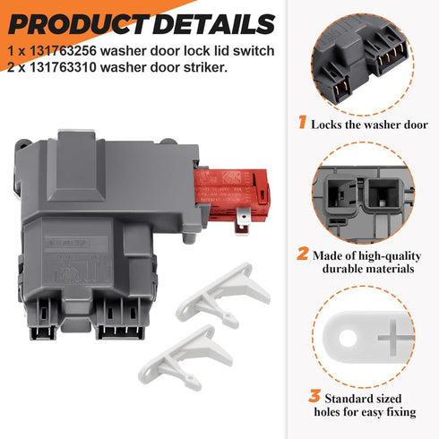 131763202 131763256 Washer Door Lock Switch with 131763310 Door Striker by Beaquicy - Replacement for Frigidaire Electrolux Washing Machine - Replace 131763200 131269400 1312694 131763245 131763255 AP