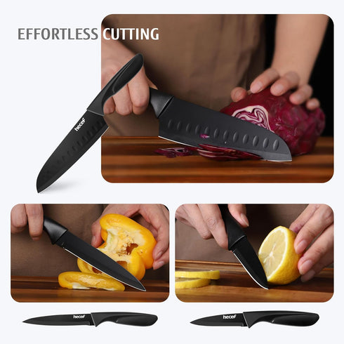 hecef Black Kitchen Knife Set of 3 - Sharp Stainless Steel Blades with Lightweight Handles, Non-Stick Coating