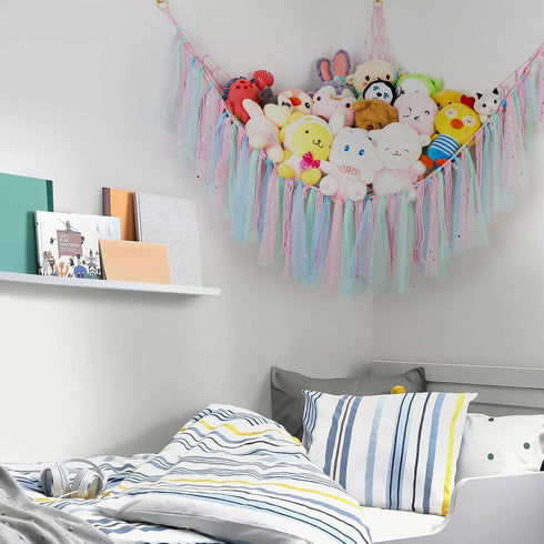 Hammock 59 Inch Stuffed Animal with LED Lights - Large Toy Storage Net for Kids Bedroom, Wall-Mounted Plush Organizer