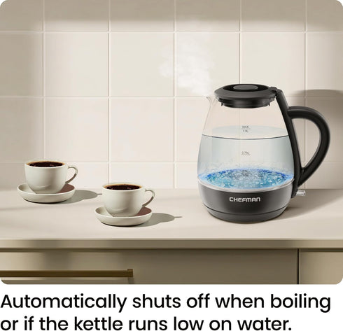 Chefman 1L Electric Tea Kettle with LED Lights, Automatic Shut Off, Removable Lid, Boil-Dry Protection, Electric