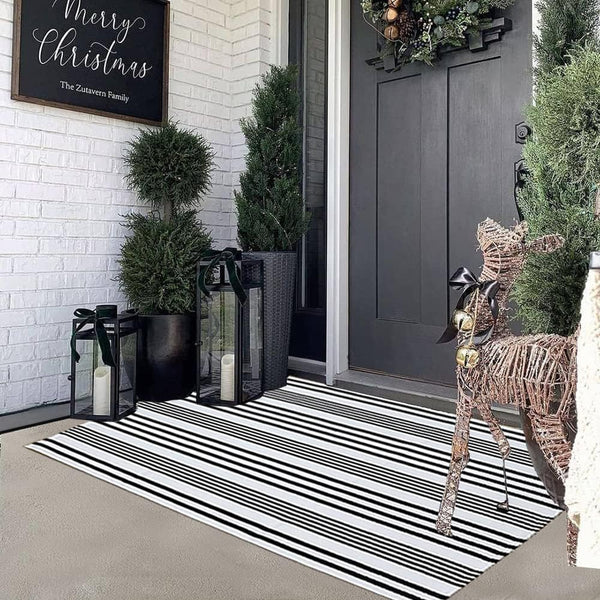 Black and White Striped Outdoor Rug, 27.5"x43", Hand Woven Cotton Washable Doormat