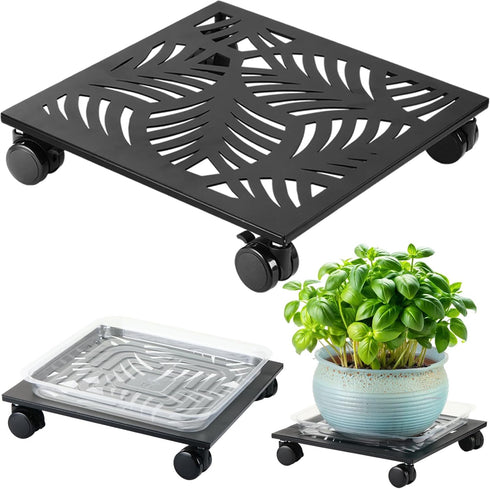 1 Pack 12" Metal Square Plant Caddy with Wheels Large Iron Rolling
