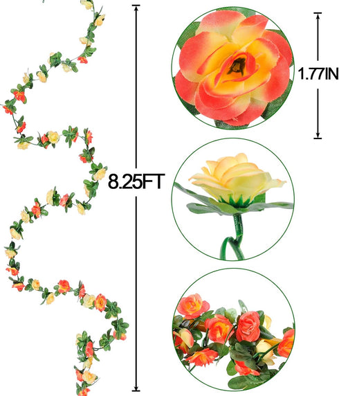 Miracliy 8Pcs 66FT Flower Garland, Orange and Champagne Artificial Rose Floral Vines for Wedding Decoration
