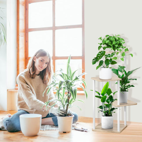 YOCOMEY 4 Tier Plant Stand Indoor, Thickened Metal Wood Corner Plant Shelf Stands for Multiple Plants, Indoor Tall