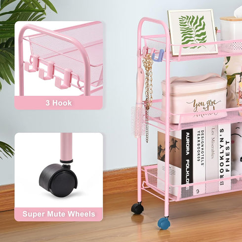 TOOLF 3-Tier Metal Rolling Cart, Utility Trolley on Wheels with 3 Hooks, Easy Assemble Mesh Wire Storage for Kitchen