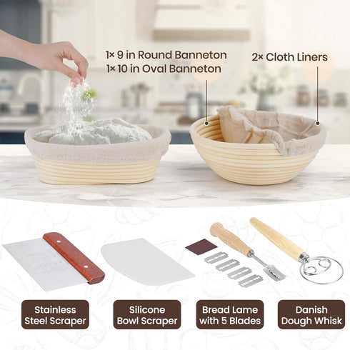 GOKALL Set 9 Inch &10 Set Banneton Bread Proofing Baskets Round Oval sour dough starter kit sourdough proofing basket
