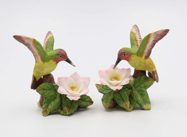 Fine Porcelain Hummingbird Candle Holder Pair with Apple Cherry Blossom Flowers, 3-5/8" H