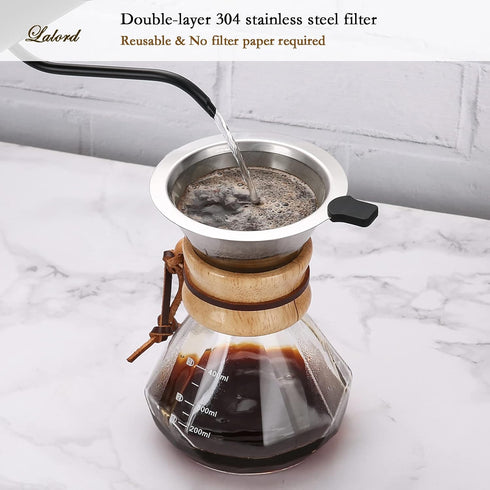 Pour Over Coffee Maker with Stainless Steel Filter, Borosilicate Glass Carafe, Modern Wooden Collar