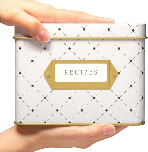 Jot & Mark Decorative Recipe Tin Box for Recipe Cards, Greeting Card Holder | Holds Hundreds of 4” x 6” Cards (Dots)