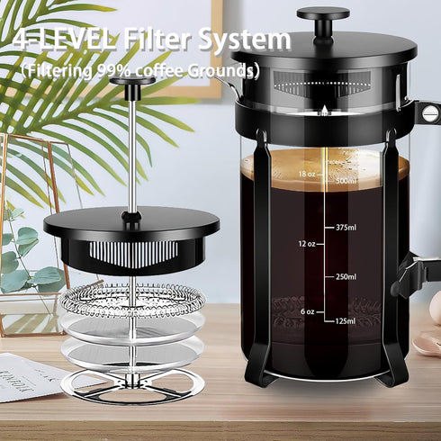French Press Coffee Maker, 304 Stainless Steel, 4 Filters System, Borosilicate Glass, BPA-Free, Brewed Tea Pot