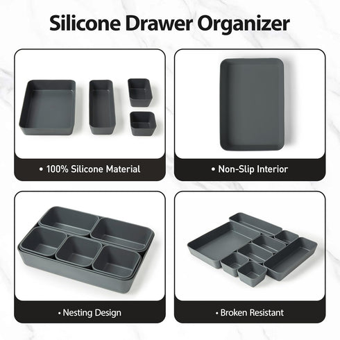 8Pcs 4 Set ISSEVE Nesting Silicone Drawer Organizer Trays, Size Versatile Vanity Bathroom & Desk Drawer Organizer