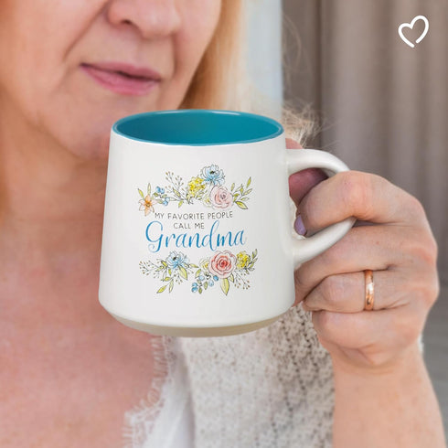 WITH LOVE My Favorite People Call Me Grandma Ceramic Coffee Mug, Floral Peach & Ivory, 14oz