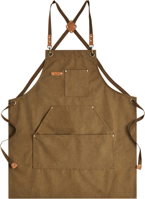 Canvas Aprons for Men, Heavy Duty Chef Work Apron with Large Pockets - 16oz Cross Back, BBQ, Cooking