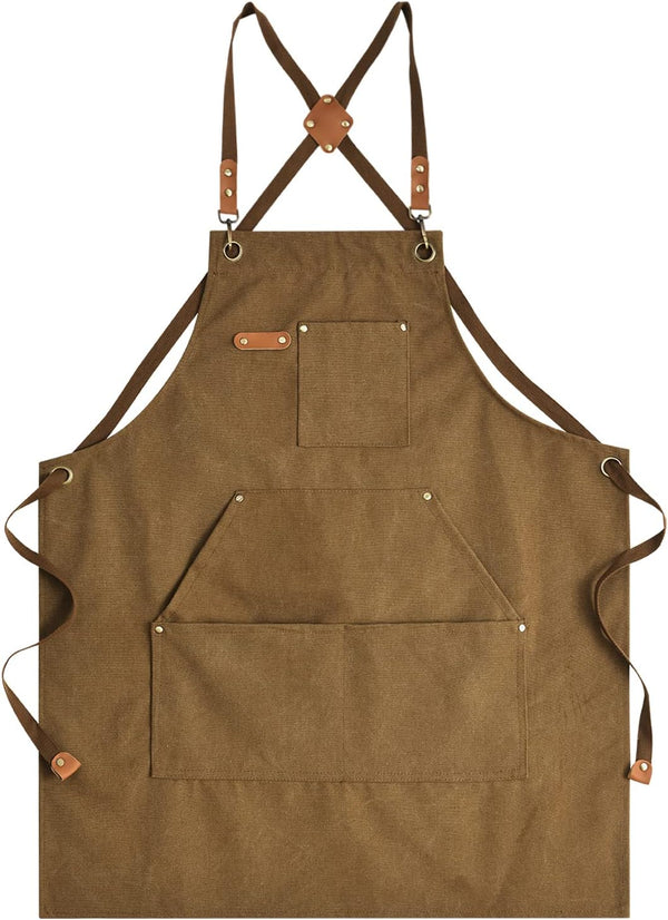 Canvas Aprons for Men, Heavy Duty Chef Work Apron with Large Pockets - 16oz Cross Back, BBQ, Cooking