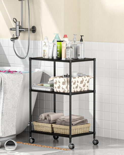 OVICAR 3-Tier Wire Storage Shelves, Adjustable Shelving Units with Wheels for Kitchen Pantry, Bathroom, Garage