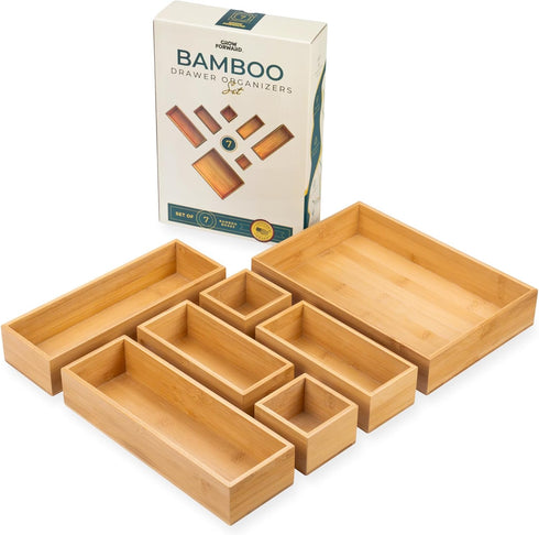 Grow Forward 7-Piece Bamboo Bathroom Drawer Organizer Trays - Wood Junk Drawer Organizers for Kitchen, Office &