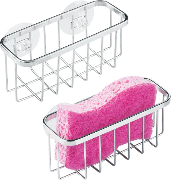 iDesign Gia Kitchen Sink Suction Holder for Sponges, Scrubbers, Soap, Set of 2, Stainless Steel