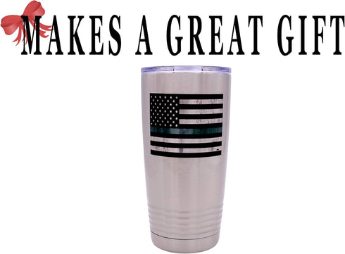 Rogue River Tactical Thin Green Line Flag Large 20 Ounce Stainless Steel Travel Tumbler Mug Cup for Military Federal