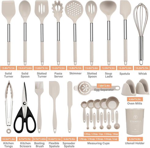 Kitchen Utensils Set 28 pcs, Hvygss Silicone Cooking Utensils with Stainless Steel Handle, Khaki