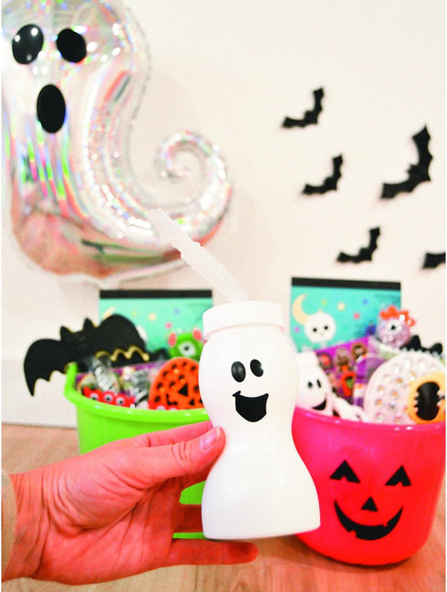 Fun Express Set of 12 Ghost Shape Cups with Straw for Halloween, 8 oz, BPA Free Plastic, Kids Party Supplies, White