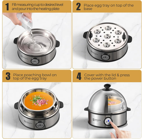 7 360W, Annie & Mia Design Electric Egg Cooker, All Stainless Steel Egg Capacity egg boiler, Hard, Medium, Soft Boiled