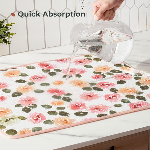 FRESHMINT Printed Dish Drying Mats for Kitchen Counter - 2 Pack Absorbent Reversible Drying Pads, Extra Large 18"x24"