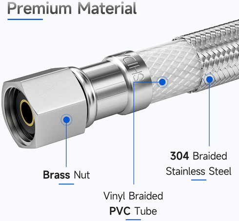 JUWO 18 FT Water Line for Refrigerator, 1/4 Inch Compression Stainless Steel Ice Maker Hose Connector for Medium