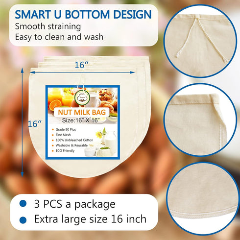Huppar 3 Pack 16"x16" 100% Nut Milk Bag for Straining, Unbleached Cotton Cloth, Reusable Cheesecloth, Strainer