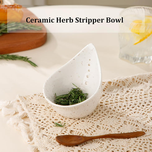 Dneuoir Herb Stripper Bowl, Ceramic Herb Peeling Bowl, Kitchen Herbs Leaf Stripping Tool, Pottery Herb Peeler for Kale