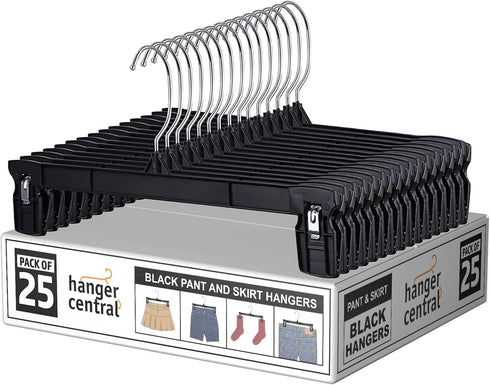 Hanger Central 25 Pack Heavy Duty Plastic Bottoms Hangers with Ridged Pinch Clips, 12 Inch, Black