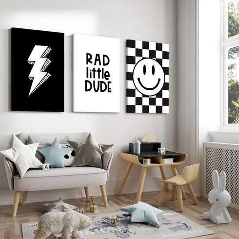 Joocrise 16x24x3 Inch Boys Room Wall Art Decor Toddler Nursery Canvas Wall Art Baby Kids Wall Decor Black Checkered
