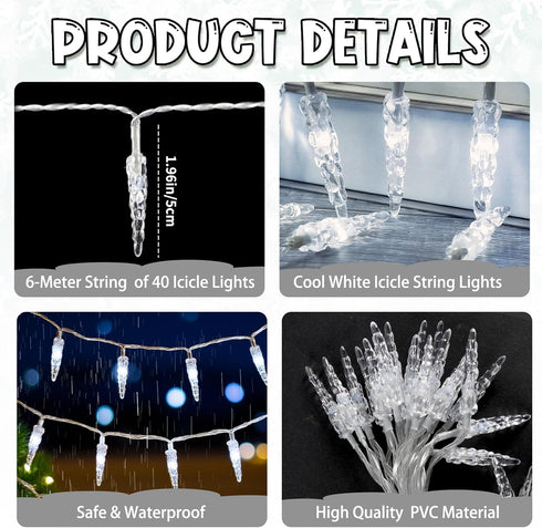 Indoor20ft 40 GRADESIN Christmas Icicle Lights LED Icicle String Lights Battery Operated Powered Christmas Lights