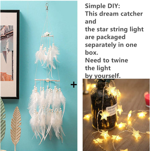 Dremisland Double Circle White Feather Dream Catcher with Mobile LED Fairy Lights Wall Hanging Ornaments Ceiling Decor