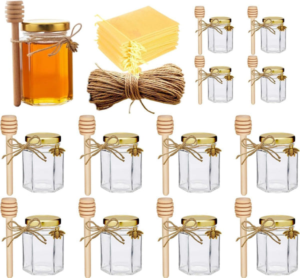 Adabocute Honey Pot, Glass Honey Jars with Wood Dipper, Gold Lid, Bee