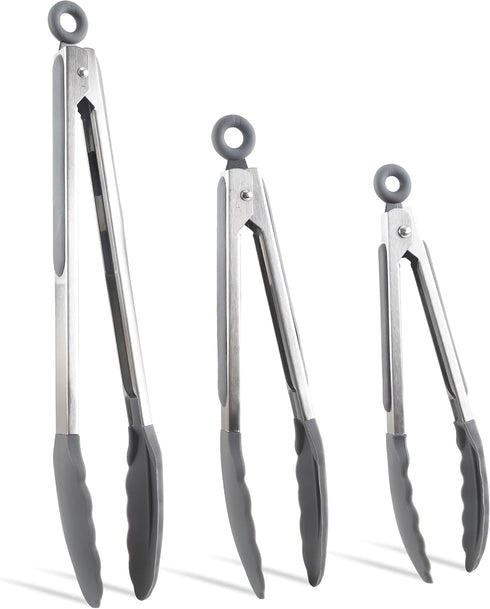 COOK WITH COLOR Stainless Steel Silicone Tipped Kitchen & BBQ Tongs Set, 3 Piece Tongs in Black