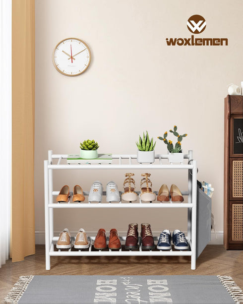 woxlemen Closet 26 inch 3-Tier) Bamboo Shoe Rack for Small Wooden Shoe Organizer with Pouch, Sturdy Wood Shoe Shelf