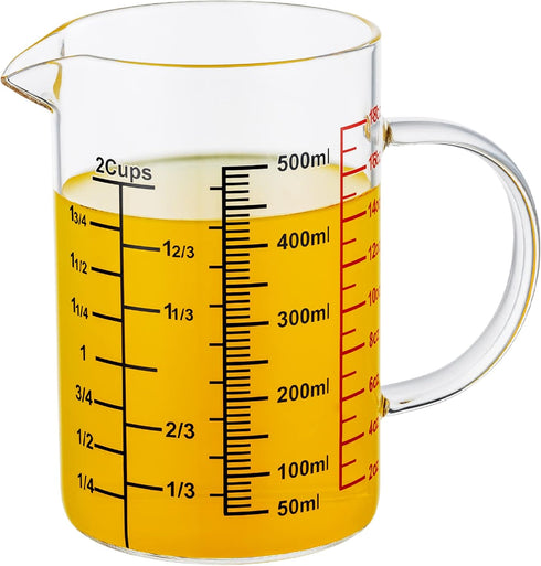 Glass Measuring Cup - High Borosilicate Glass with Insulated Handle and V-Shaped Spout - 500 ML (16 Oz, 2 Cup)