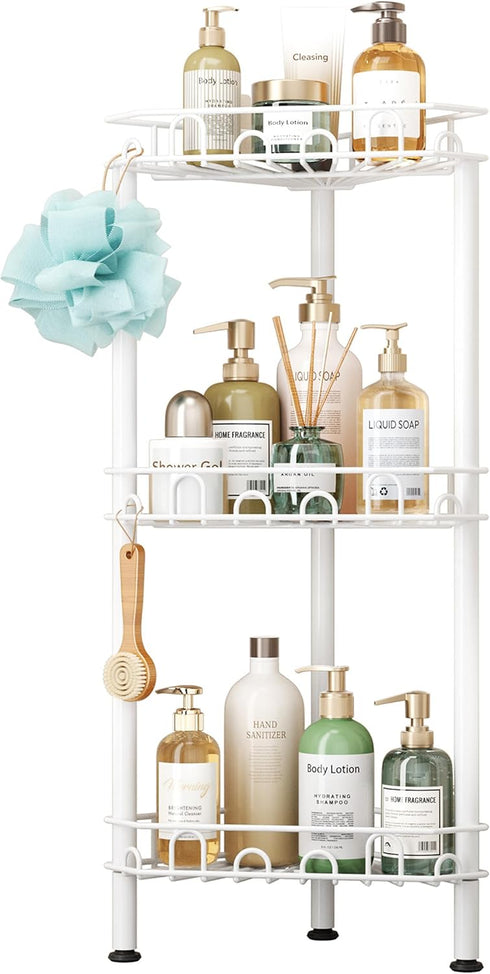 3Tier 12 SWTYMIKI Standing Shower Caddy Corner - Stainless Steel ShowerOrganizer Shelf with Hooks and Adhesive Pads