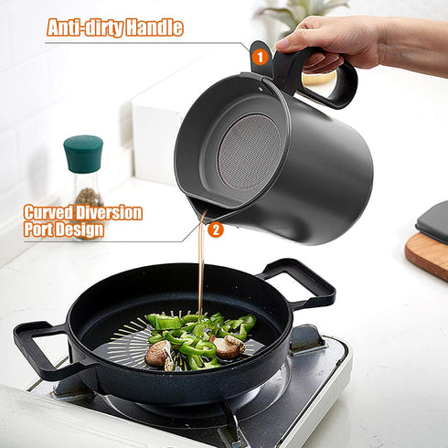 MORDEN MS Bacon Grease Container: 1.7L Grease Saver with Strainer, Iron Cooking Oil Can, Gray