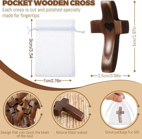 2 Brevynx Pcs Pocket Wooden Cross Fidget - Cross My Heart with Organza Bags - Stress Relief Fidget for Christian